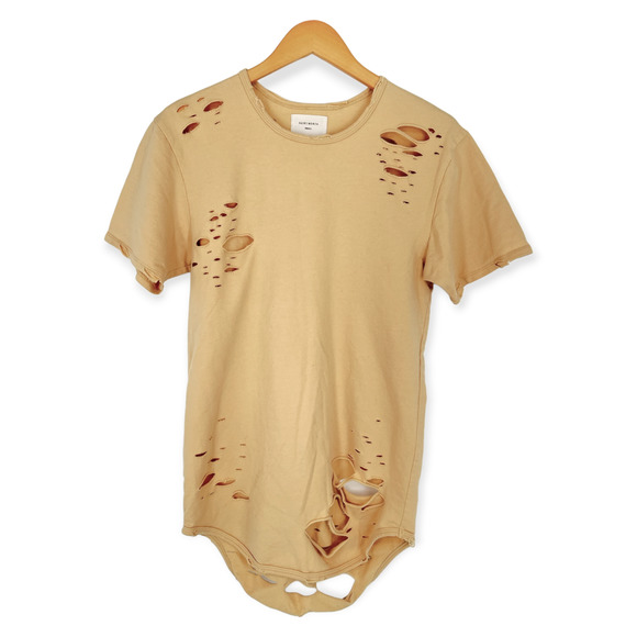 Saint Morta | Men's Small | Destroyed Longline Rounded Hem T-Shirt in Sandstone - Picture 1 of 6